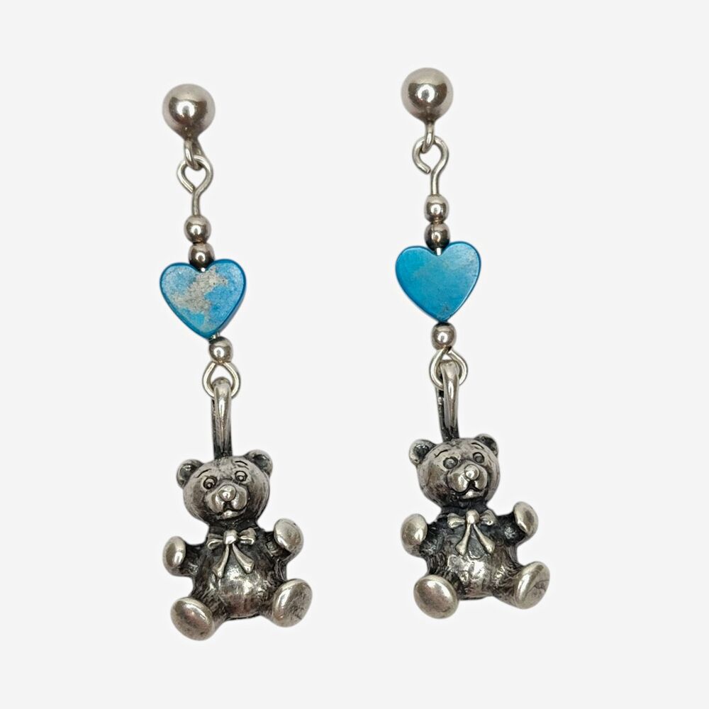 Vintage Sterling Silver 925 Handmade Teddy Bear Dangle Earrings Turquoise Hearts